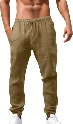 Alalaso Mens Long Pants Drawstring Stretch Trendy Cotton Linen Casual Summer Wicking Breathable Solid Color Beach Trousers