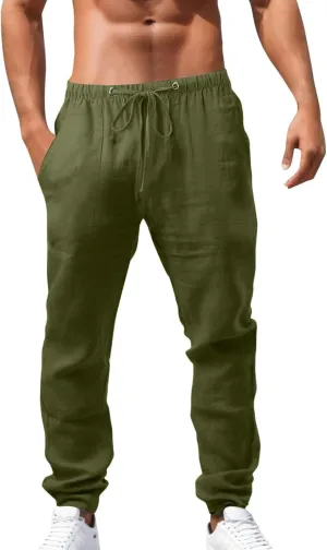 Alalaso Mens Long Pants Drawstring Stretch Trendy Cotton Linen Casual Summer Wicking Breathable Solid Color Beach Trousers