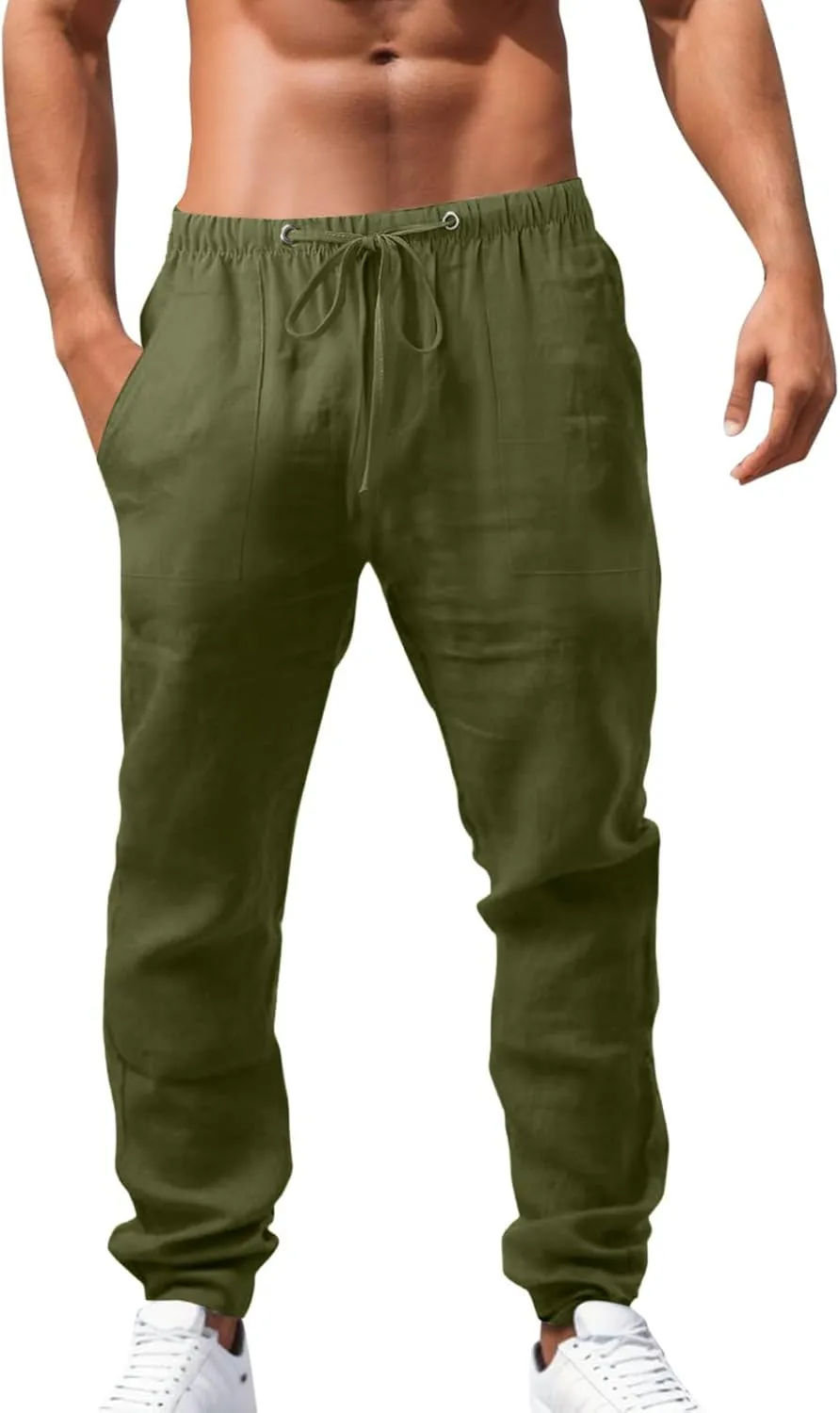 Alalaso Mens Long Pants Drawstring Stretch Trendy Cotton Linen Casual Summer Wicking Breathable Solid Color Beach Trousers
