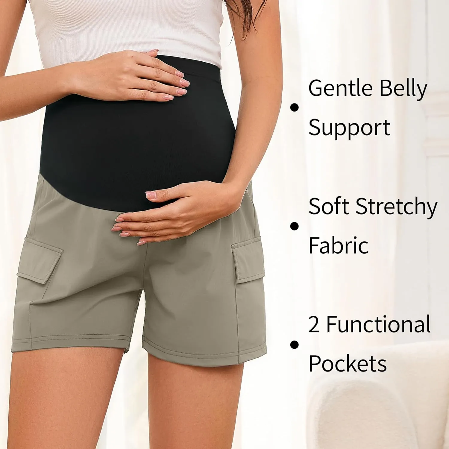 AMPOSH Women's Maternity Quick-Dry Shorts – Stretchy High-Rise Pregnancy Shorts with Pockets
