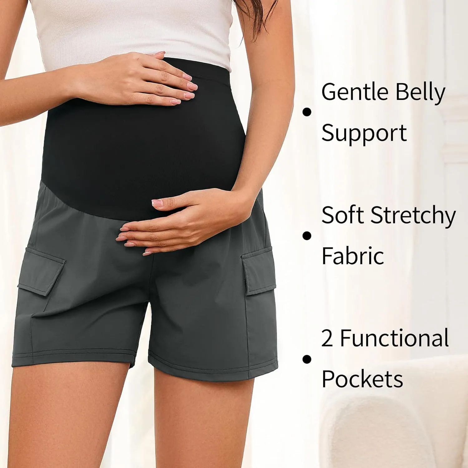 AMPOSH Women's Maternity Quick-Dry Shorts – Stretchy High-Rise Pregnancy Shorts with Pockets