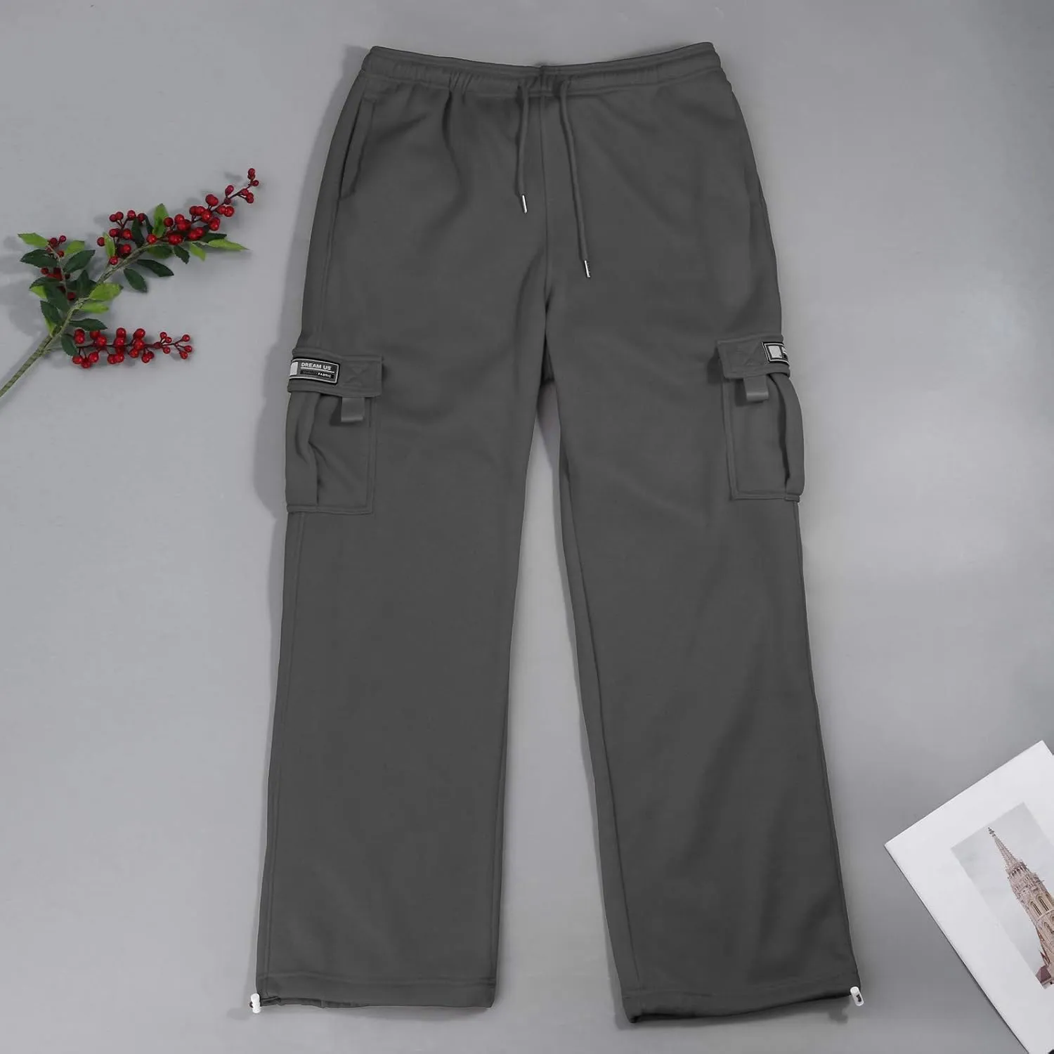 Baggy Cargo Sweatpants for Men Plus Size Drawstring Waist Joggers with Pockets Open Bottom Athletic Sweat Pants