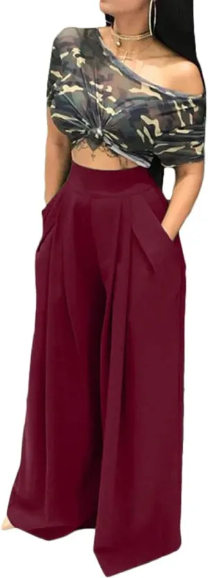 BFFBABY Womens Casual Palazzo Pants High Waist Printed Ruched Loose Flowy Lounge Wide Leg Pants (M-3XL)