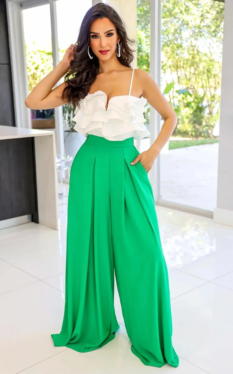 BFFBABY Womens Casual Palazzo Pants High Waist Printed Ruched Loose Flowy Lounge Wide Leg Pants (M-3XL)