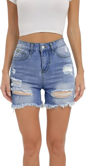 Black Denim Shorts for Women High Rise Ripped Stretchy Boyfriend Jeans Shorts Solid Cute Raw Hem Hot Short Pants