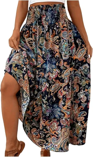 Boho Long Skirts for Women 2025 Summer Elastic High Waisted Flowy Swing A-Line Floral Maxi Skirt