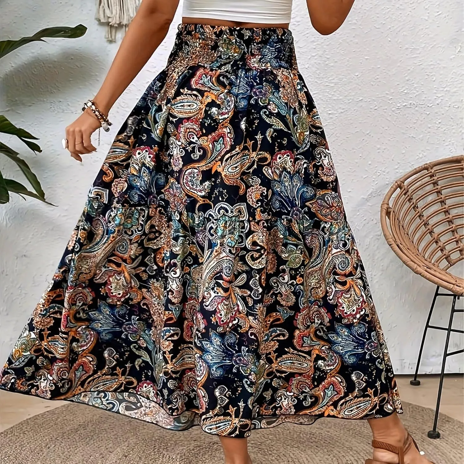 Boho Long Skirts for Women 2025 Summer Elastic High Waisted Flowy Swing A-Line Floral Maxi Skirt