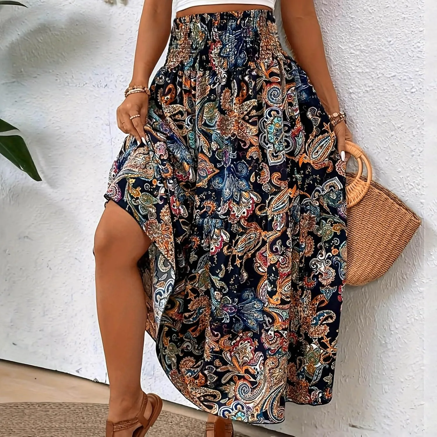 Boho Long Skirts for Women 2025 Summer Elastic High Waisted Flowy Swing A-Line Floral Maxi Skirt