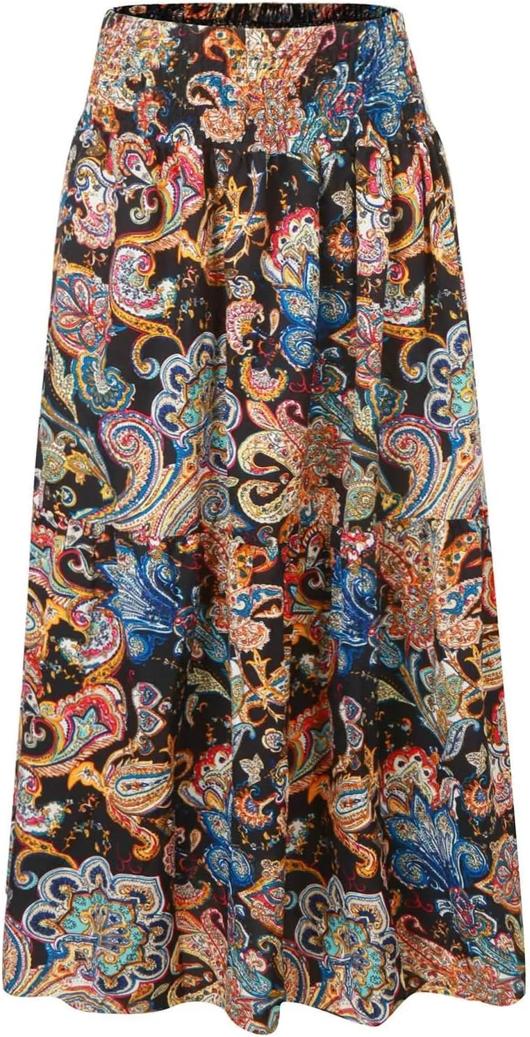 Boho Long Skirts for Women 2025 Summer Elastic High Waisted Flowy Swing A-Line Floral Maxi Skirt
