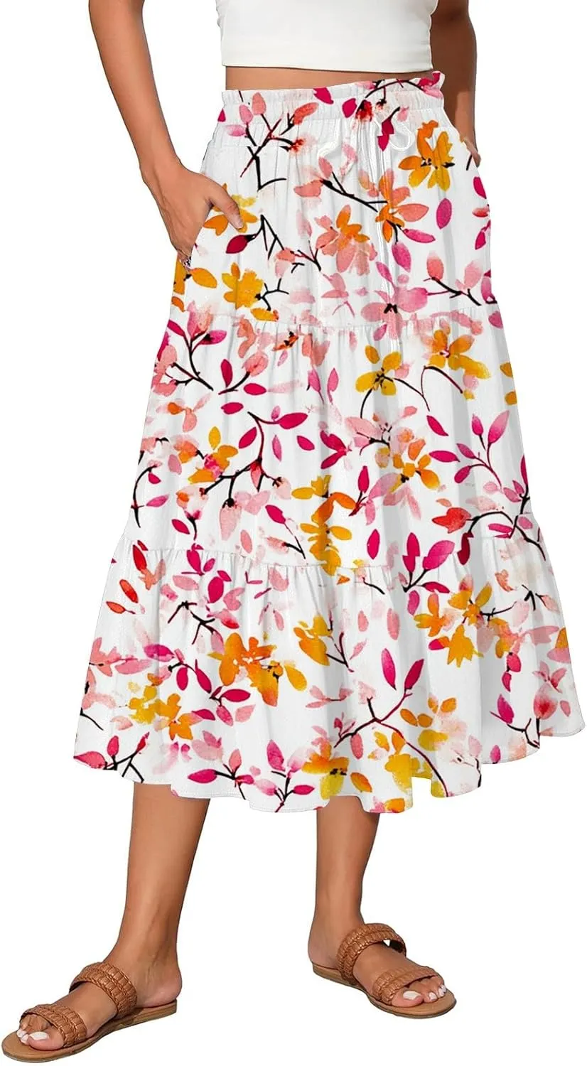 Boho Maxi Skirt for Women High Waist Flowy A-Line Long Skirt for Beach Vacation