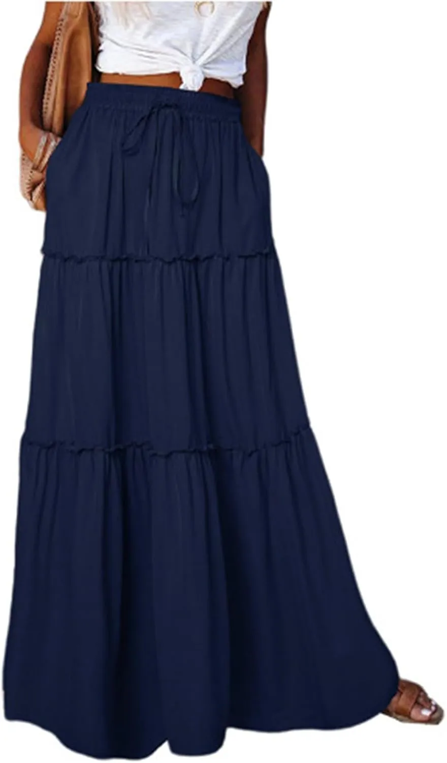 Boho Maxi Skirts for Women 2025 Ruffle Tiered Pleated Long Flowy Skirts Elastic High Waisted Swing Summer Beach Skirt