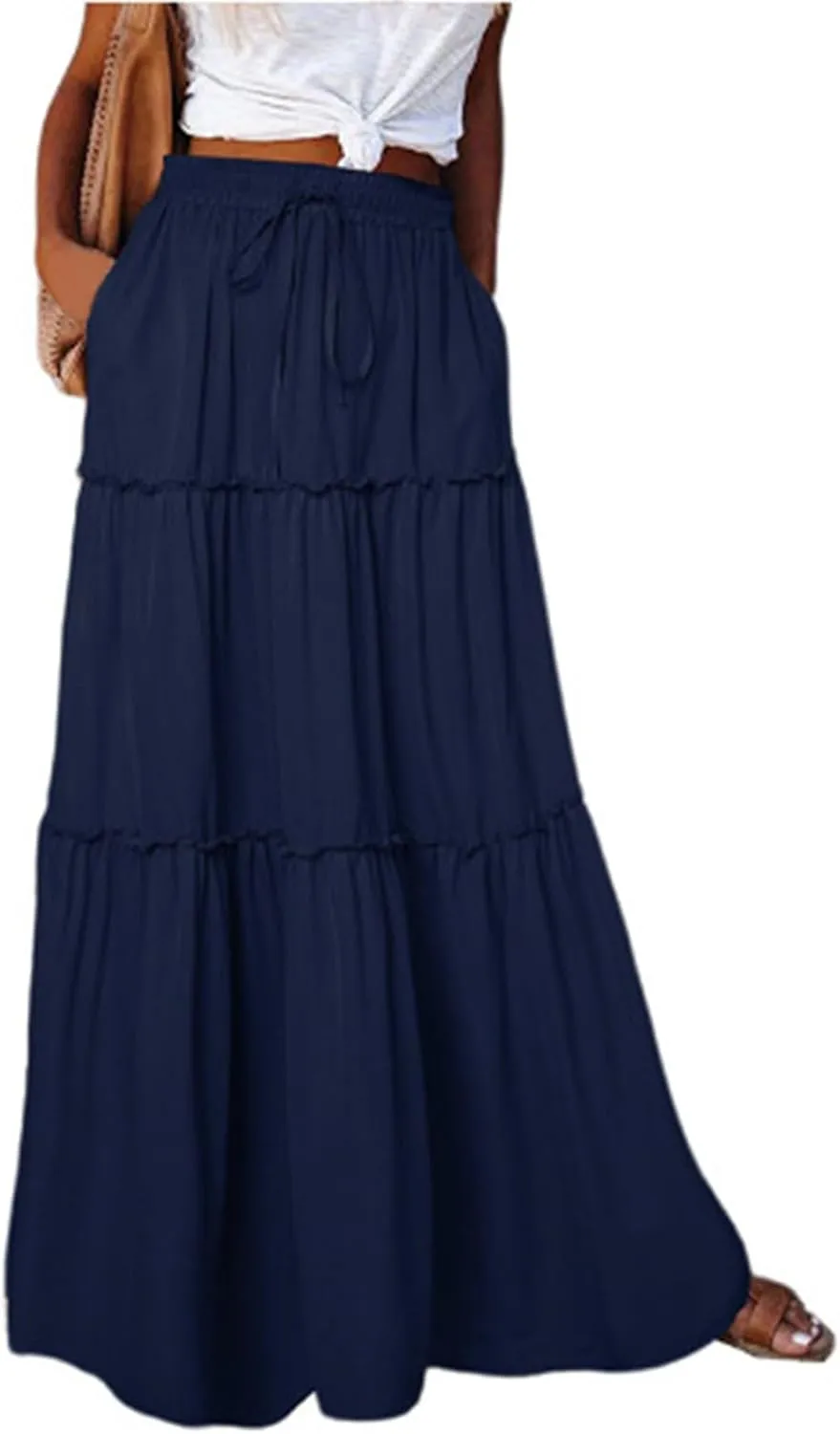 Boho Maxi Skirts for Women 2025 Ruffle Tiered Pleated Long Flowy Skirts Elastic High Waisted Swing Summer Beach Skirt