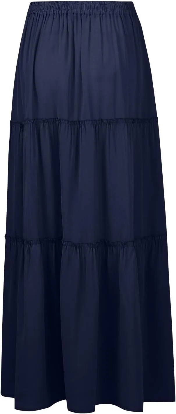 Boho Maxi Skirts for Women 2025 Ruffle Tiered Pleated Long Flowy Skirts Elastic High Waisted Swing Summer Beach Skirt