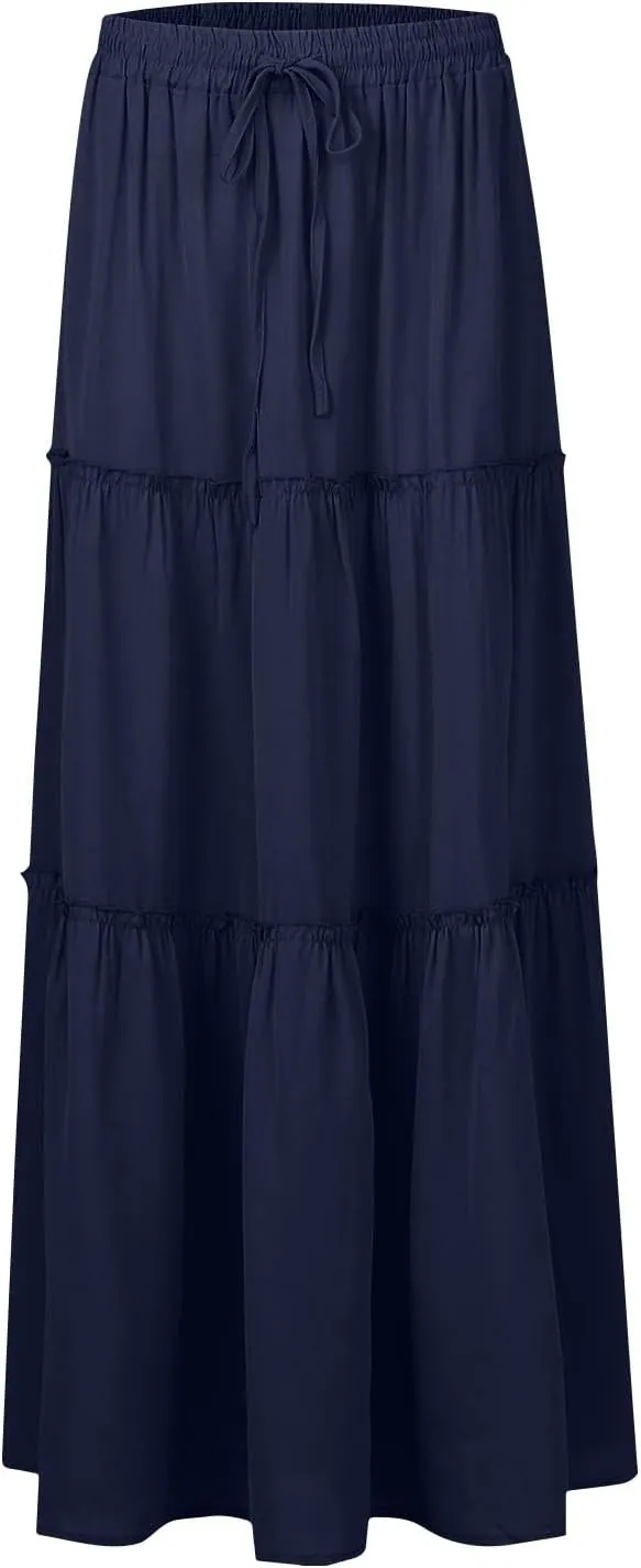 Boho Maxi Skirts for Women 2025 Ruffle Tiered Pleated Long Flowy Skirts Elastic High Waisted Swing Summer Beach Skirt