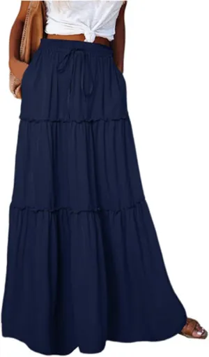 Boho Maxi Skirts for Women 2025 Ruffle Tiered Pleated Long Flowy Skirts Elastic High Waisted Swing Summer Beach Skirt