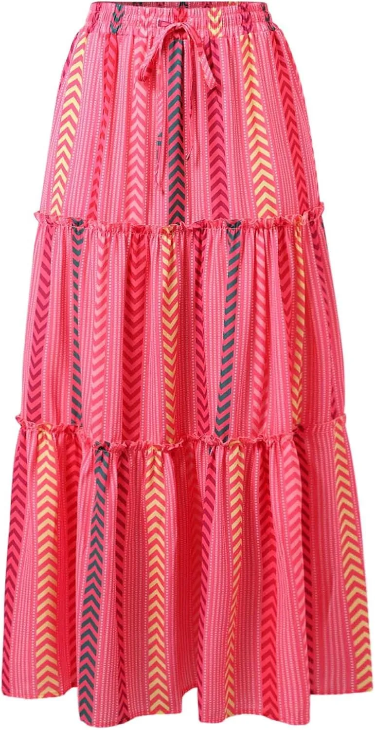Boho Maxi Skirts for Women Summer Elastic Waisted Floral Ruffle Pleated Beach Vacation Long Skirt