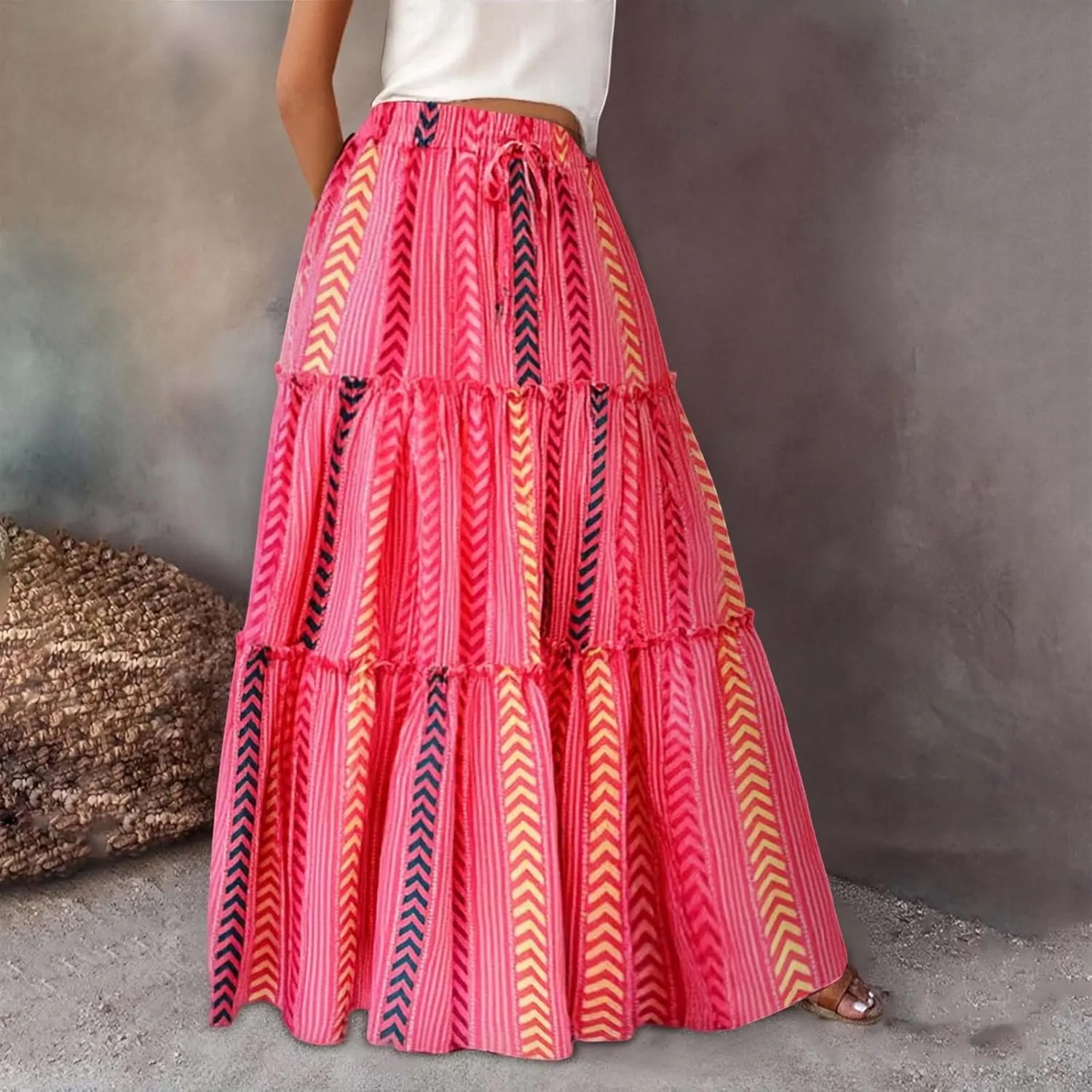 Boho Maxi Skirts for Women Summer Elastic Waisted Floral Ruffle Pleated Beach Vacation Long Skirt