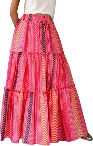 Boho Maxi Skirts for Women Summer Elastic Waisted Floral Ruffle Pleated Beach Vacation Long Skirt