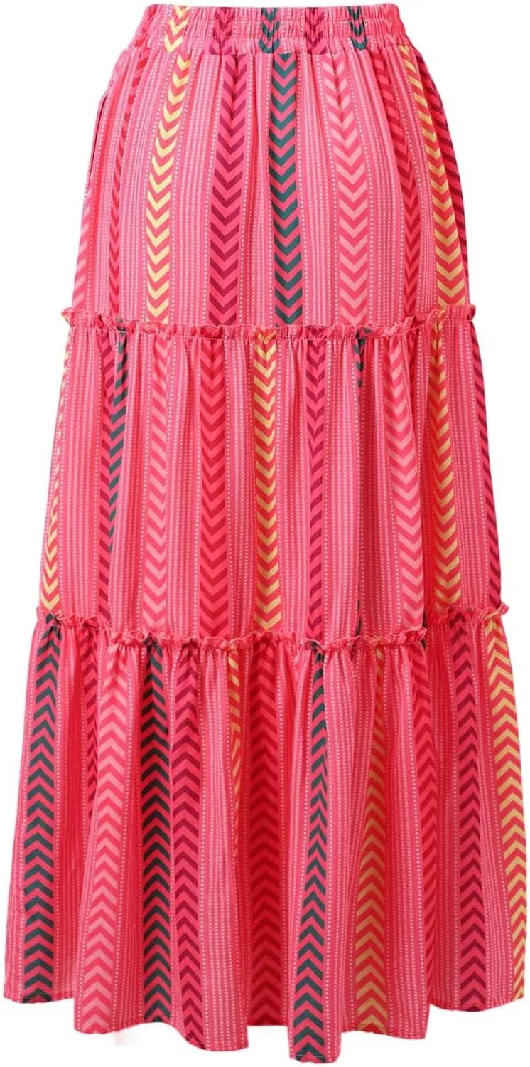 Boho Maxi Skirts for Women Summer Elastic Waisted Floral Ruffle Pleated Beach Vacation Long Skirt