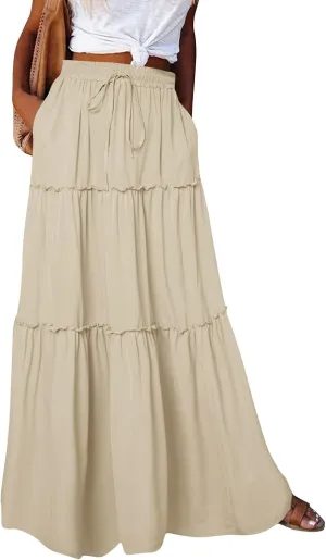 Boho Maxi Skirts for Women Summer Tiered Elastic Casual Skirt Smocked A Line Skirts Work Long Skirt Y2K with Pockets