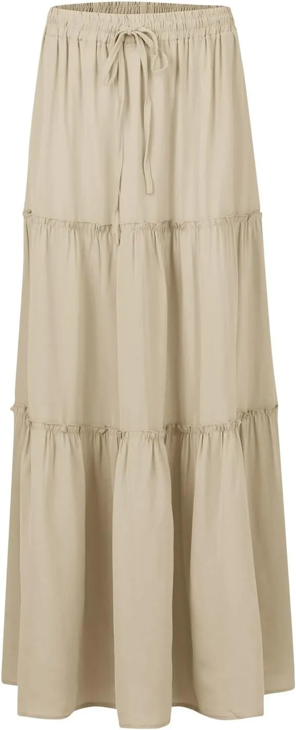 Boho Maxi Skirts for Women Summer Tiered Elastic Casual Skirt Smocked A Line Skirts Work Long Skirt Y2K with Pockets