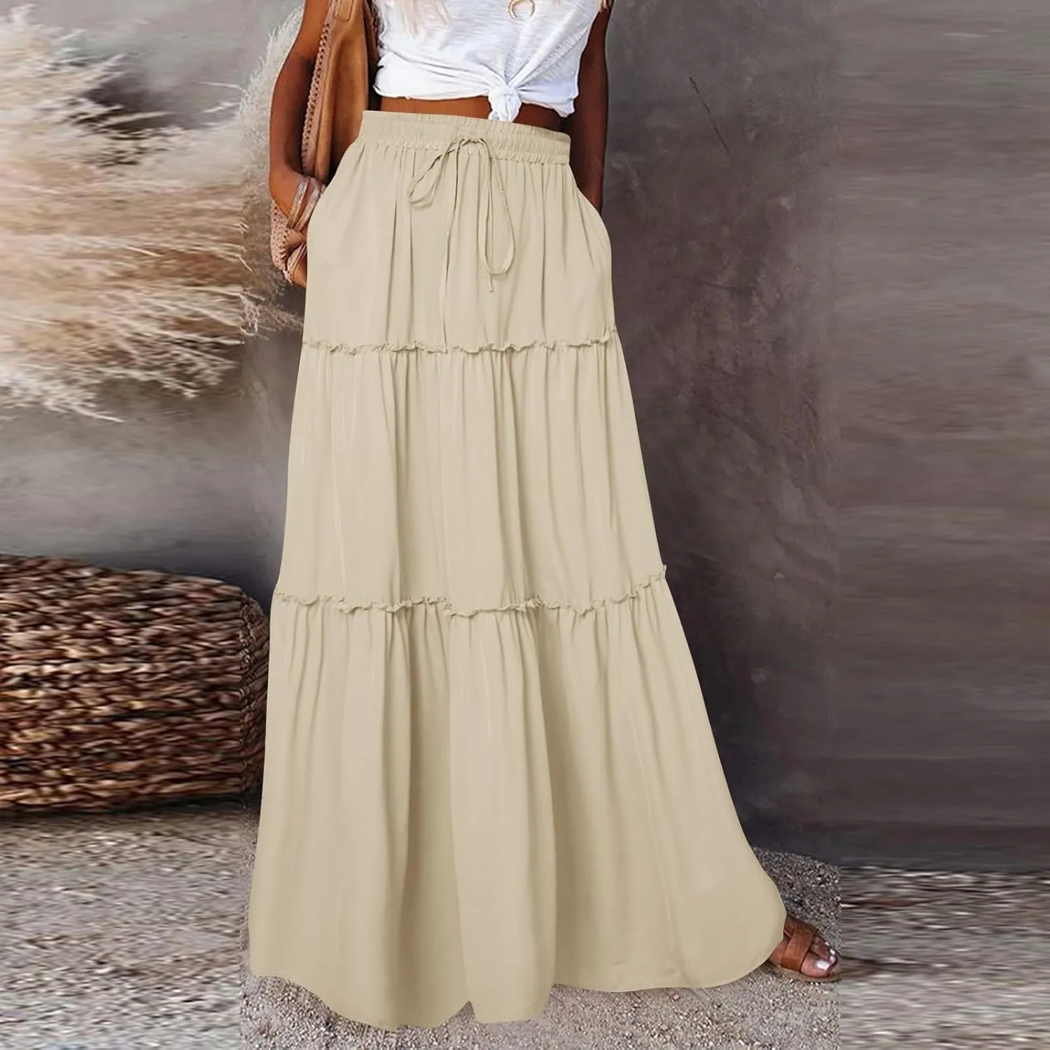 Boho Maxi Skirts for Women Summer Tiered Elastic Casual Skirt Smocked A Line Skirts Work Long Skirt Y2K with Pockets