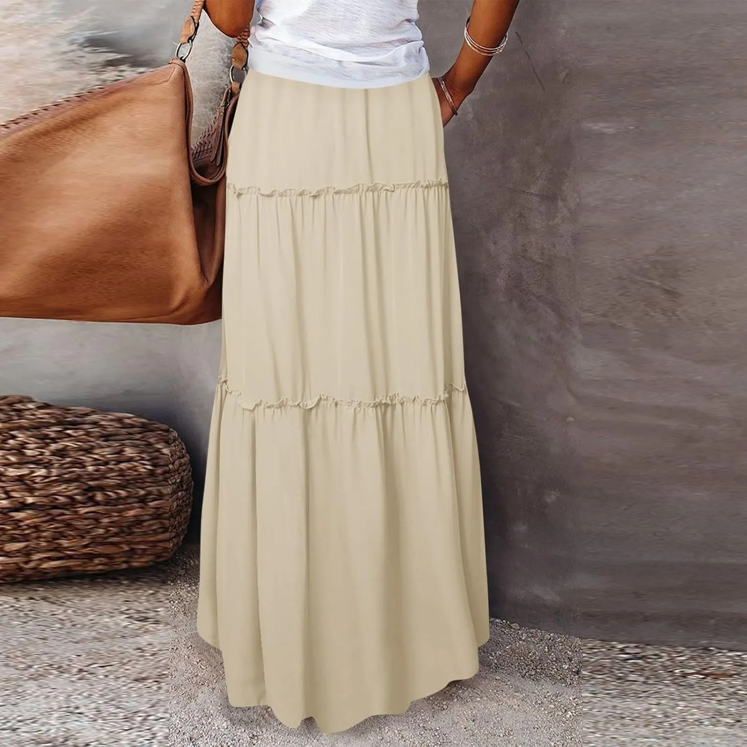 Boho Maxi Skirts for Women Summer Tiered Elastic Casual Skirt Smocked A Line Skirts Work Long Skirt Y2K with Pockets