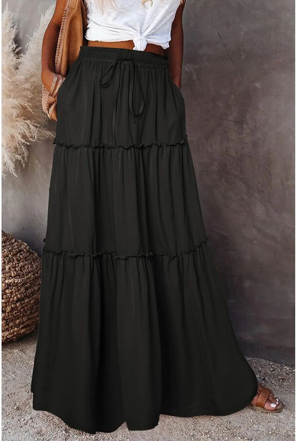 Boho Skirts for Women Summer Casual Summer Elastic High Waist A-Line Ruffle Hem Maxi Skirt Beach Long Skirt