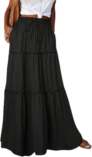 Boho Skirts for Women Summer Casual Summer Elastic High Waist A-Line Ruffle Hem Maxi Skirt Beach Long Skirt