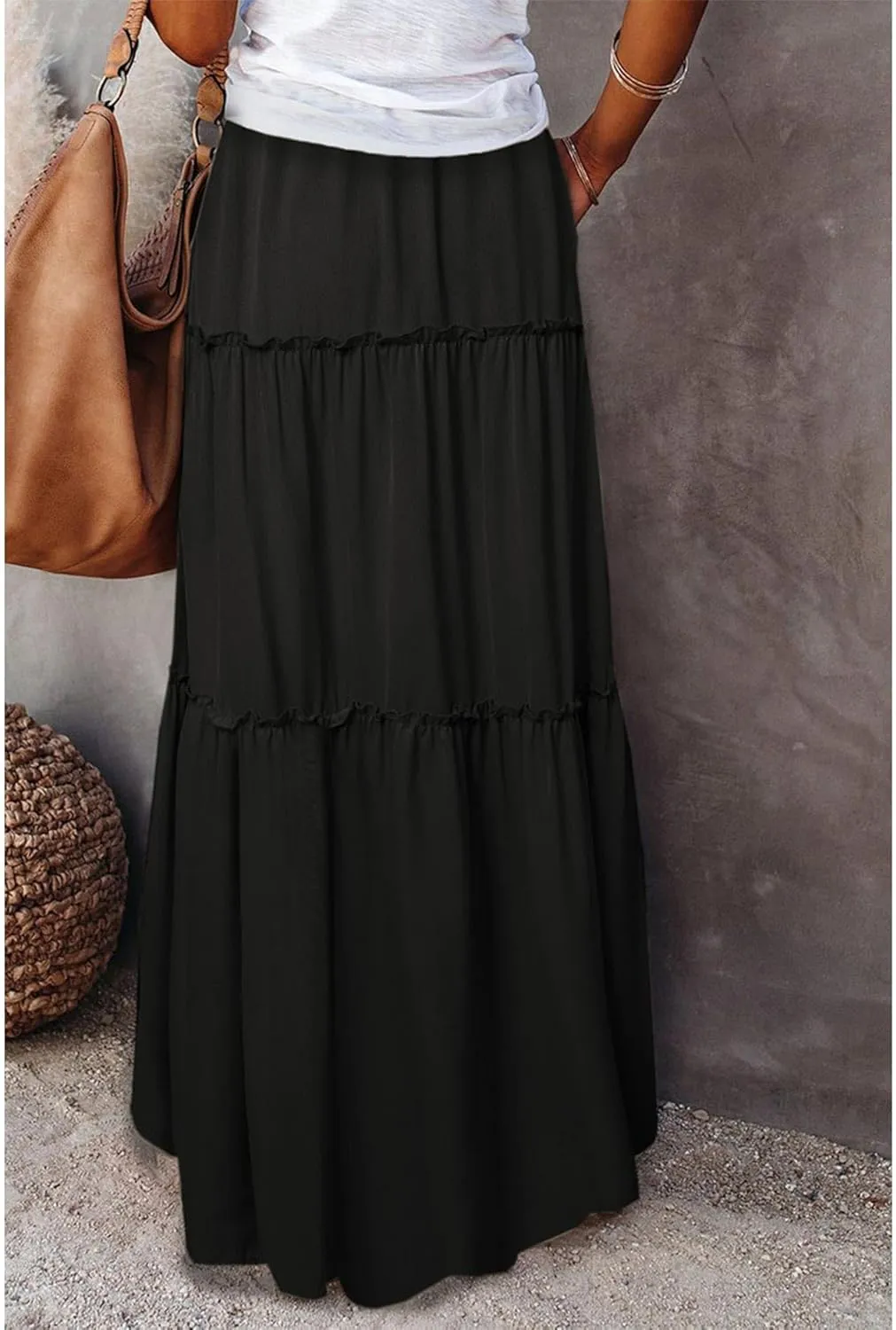 Boho Skirts for Women Summer Casual Summer Elastic High Waist A-Line Ruffle Hem Maxi Skirt Beach Long Skirt