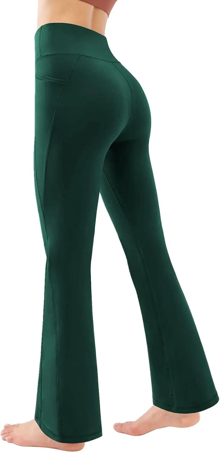 Butt Lifting Leggings for Women Solid Color High Waist Flared Yoga Pants with Pockets Slim Stretchy Yoga Leggings