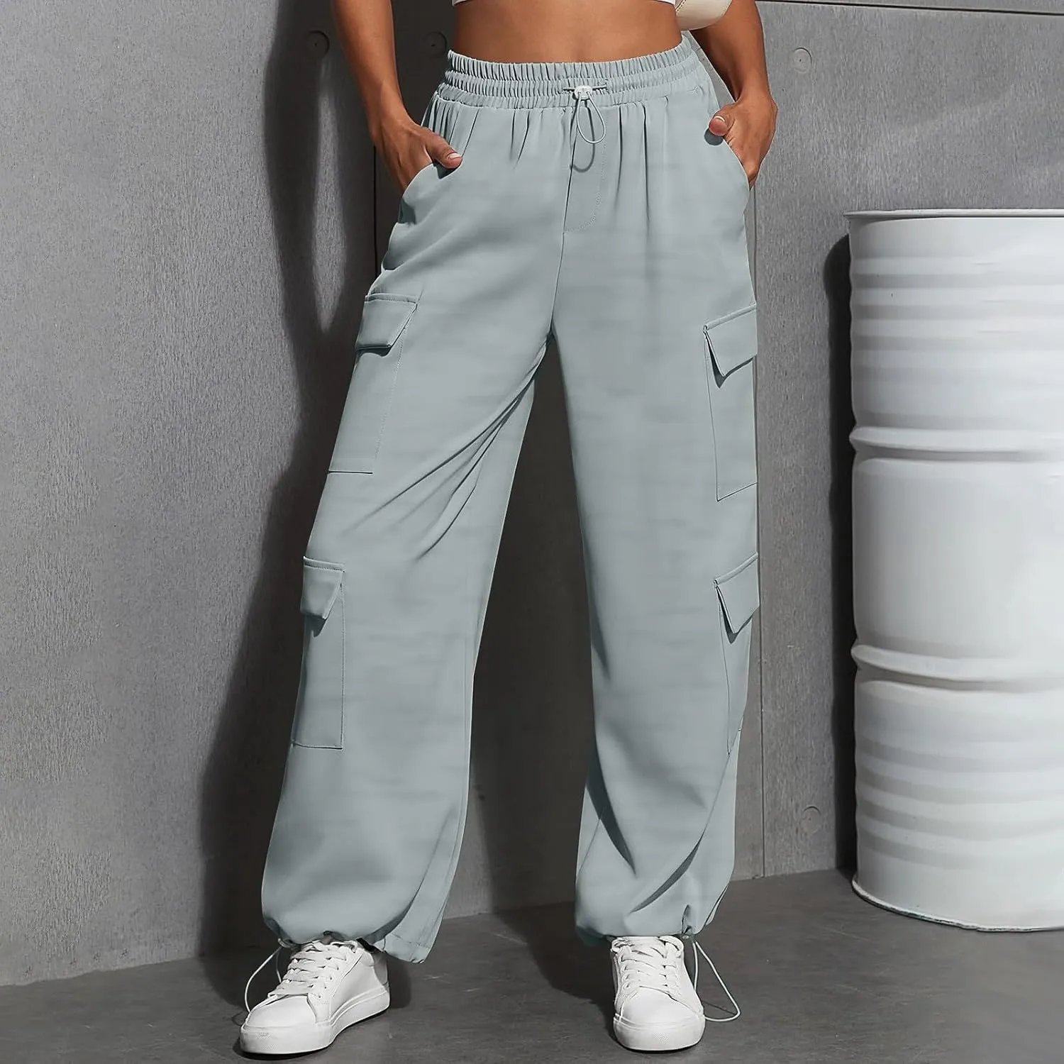 Cargo Sweatpants for Women Baggy Casual Drawstring High Waisted Parachute Pants Trendy Fleece Joggers with Pockets
