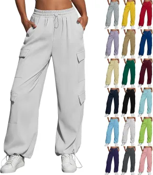 Cargo Sweatpants for Women Baggy Casual Drawstring High Waisted Parachute Pants Trendy Fleece Joggers with Pockets