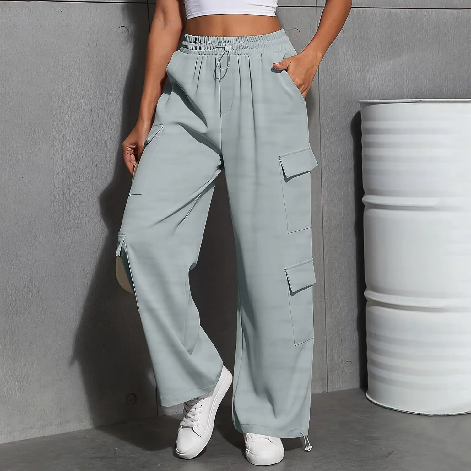 Cargo Sweatpants for Women Baggy Casual Drawstring High Waisted Parachute Pants Trendy Fleece Joggers with Pockets