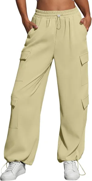 Cargo Sweatpants for Women Baggy Casual Drawstring High Waisted Parachute Pants Trendy Fleece Joggers with Pockets