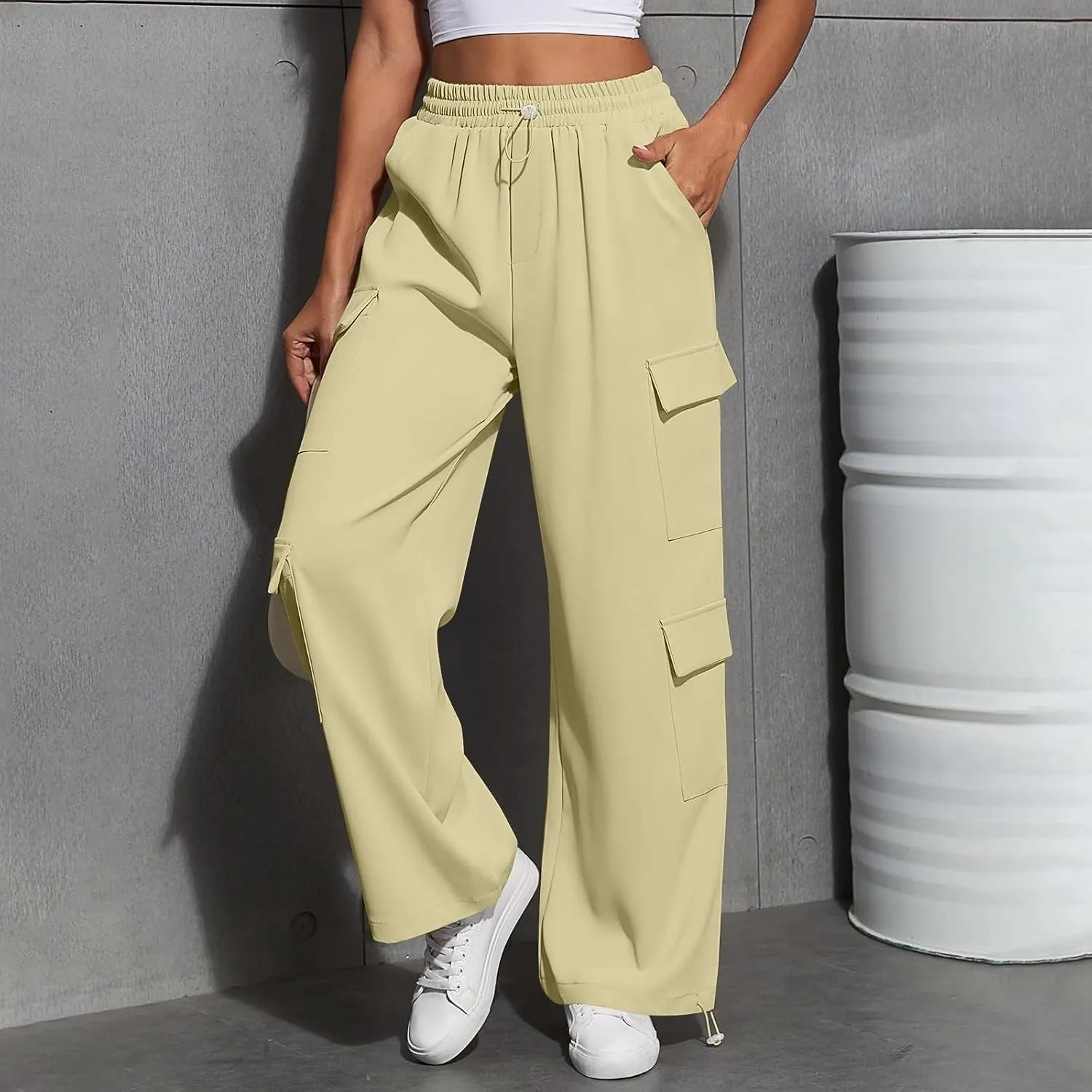 Cargo Sweatpants for Women Baggy Casual Drawstring High Waisted Parachute Pants Trendy Fleece Joggers with Pockets