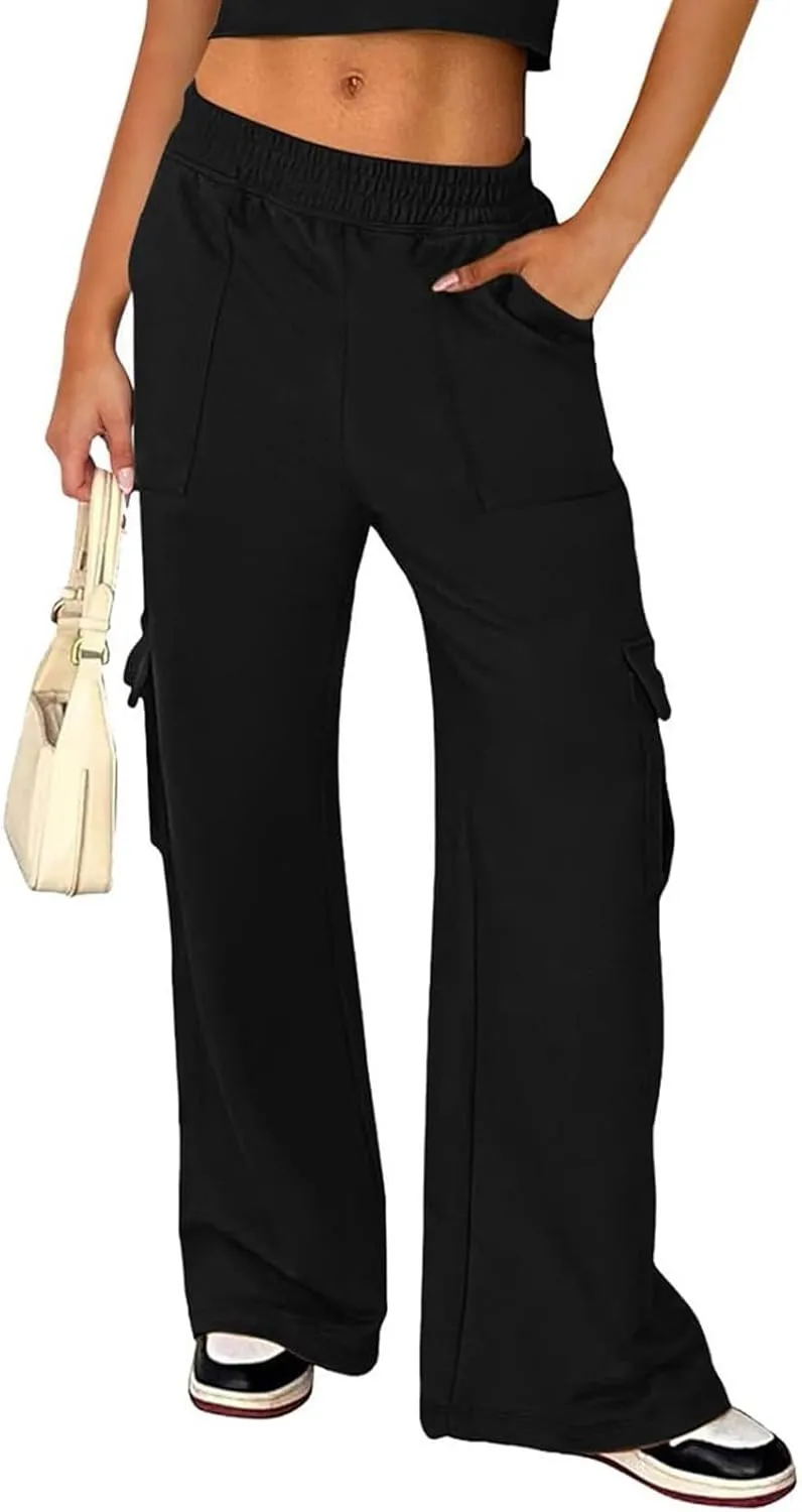 Cargo Sweatpants for Women Wide Leg High Waisted Baggy Drawstring Sweat Pants Casual Flared Pants with Pockets