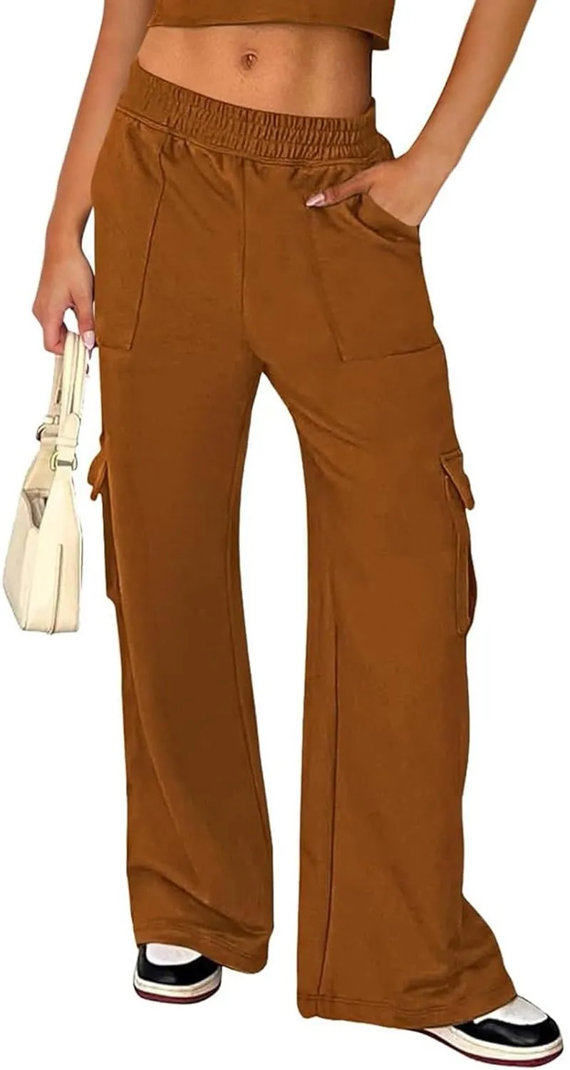 Cargo Sweatpants for Women Wide Leg High Waisted Baggy Drawstring Sweat Pants Casual Flared Pants with Pockets