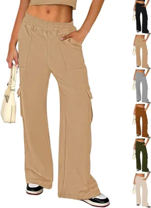 Cargo Sweatpants for Women Wide Leg High Waisted Baggy Drawstring Sweat Pants Casual Flared Pants with Pockets