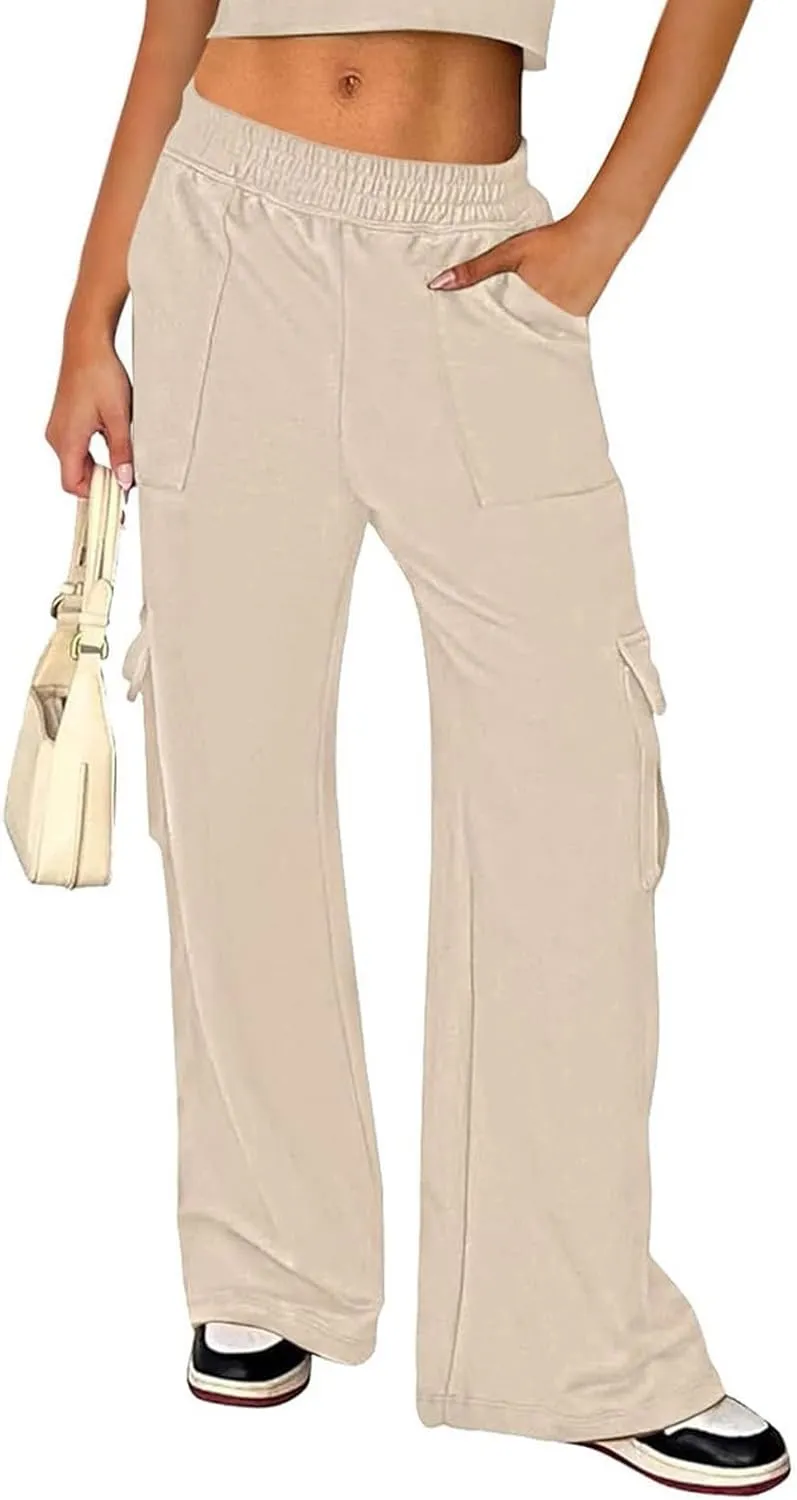 Cargo Sweatpants for Women Wide Leg High Waisted Baggy Drawstring Sweat Pants Casual Flared Pants with Pockets