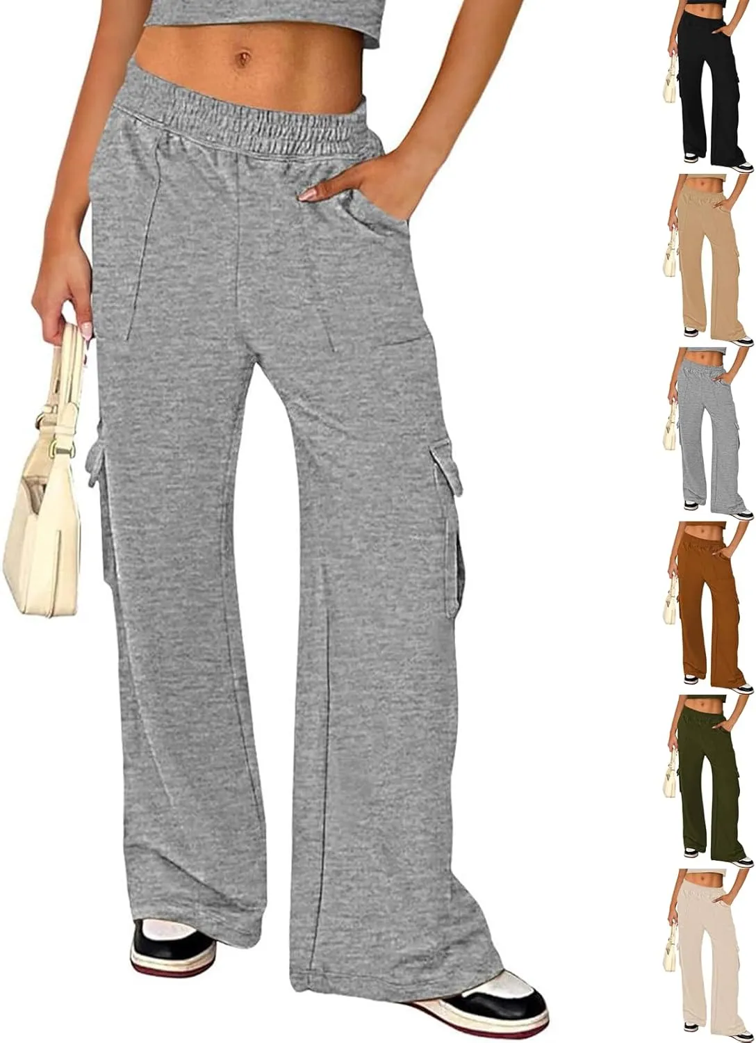 Cargo Sweatpants for Women Wide Leg High Waisted Baggy Drawstring Sweat Pants Casual Flared Pants with Pockets