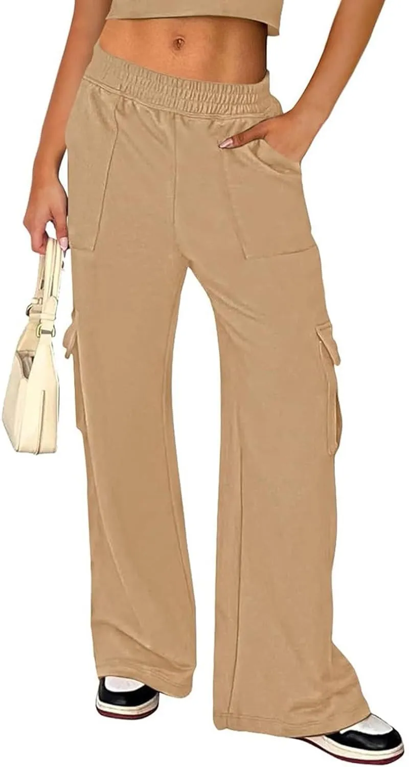Cargo Sweatpants for Women Wide Leg High Waisted Baggy Drawstring Sweat Pants Casual Flared Pants with Pockets