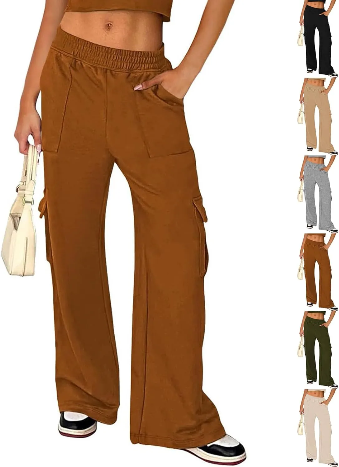 Cargo Sweatpants for Women Wide Leg High Waisted Baggy Drawstring Sweat Pants Casual Flared Pants with Pockets