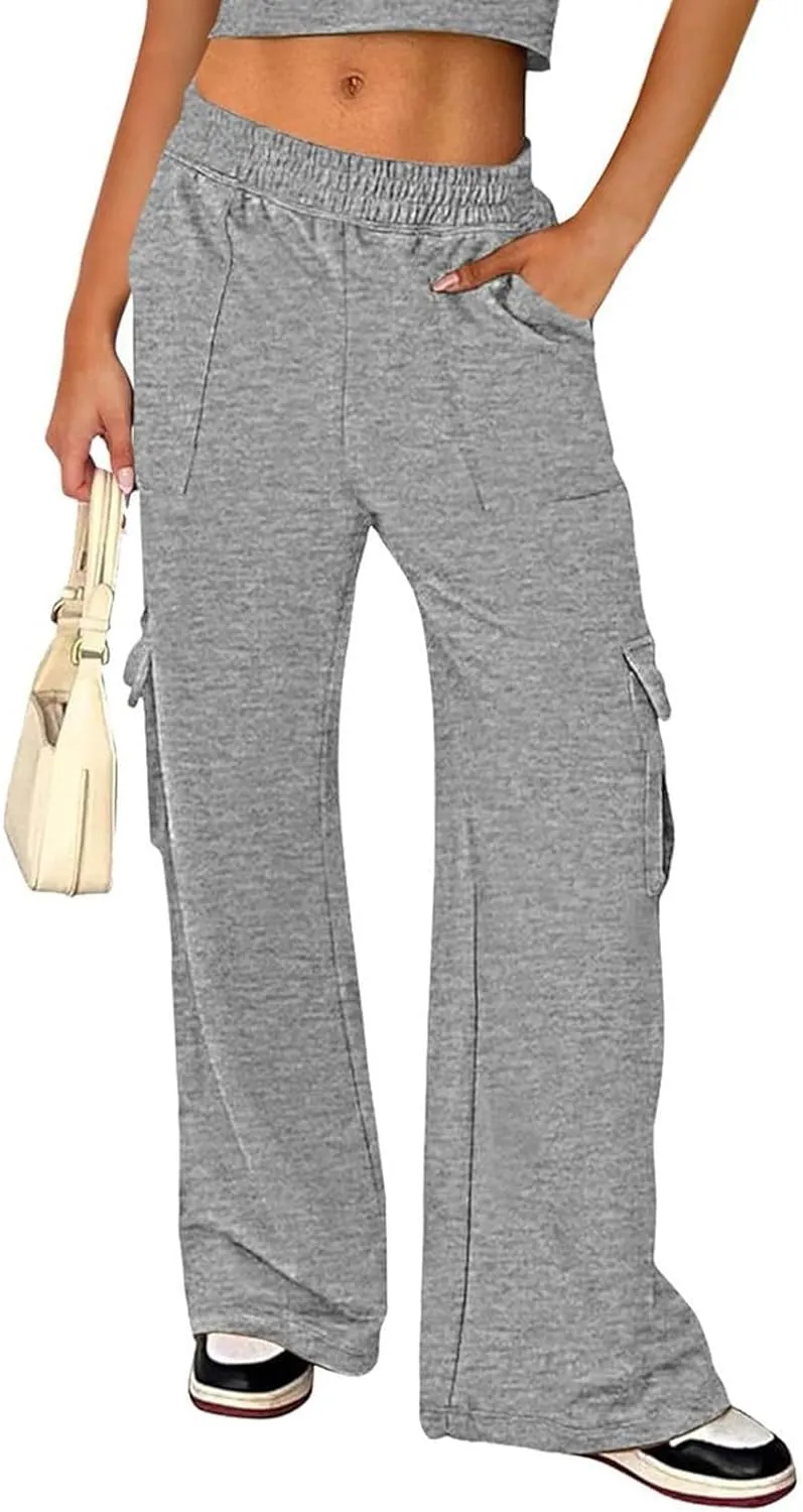 Cargo Sweatpants for Women Wide Leg High Waisted Baggy Drawstring Sweat Pants Casual Flared Pants with Pockets