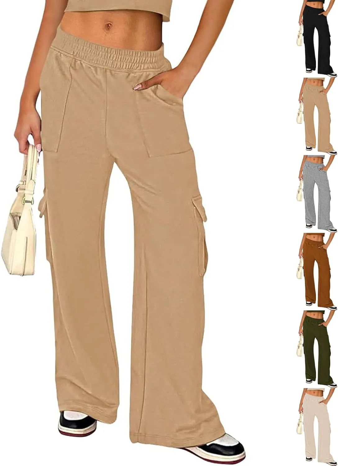 Cargo Sweatpants for Women Wide Leg High Waisted Baggy Drawstring Sweat Pants Casual Flared Pants with Pockets