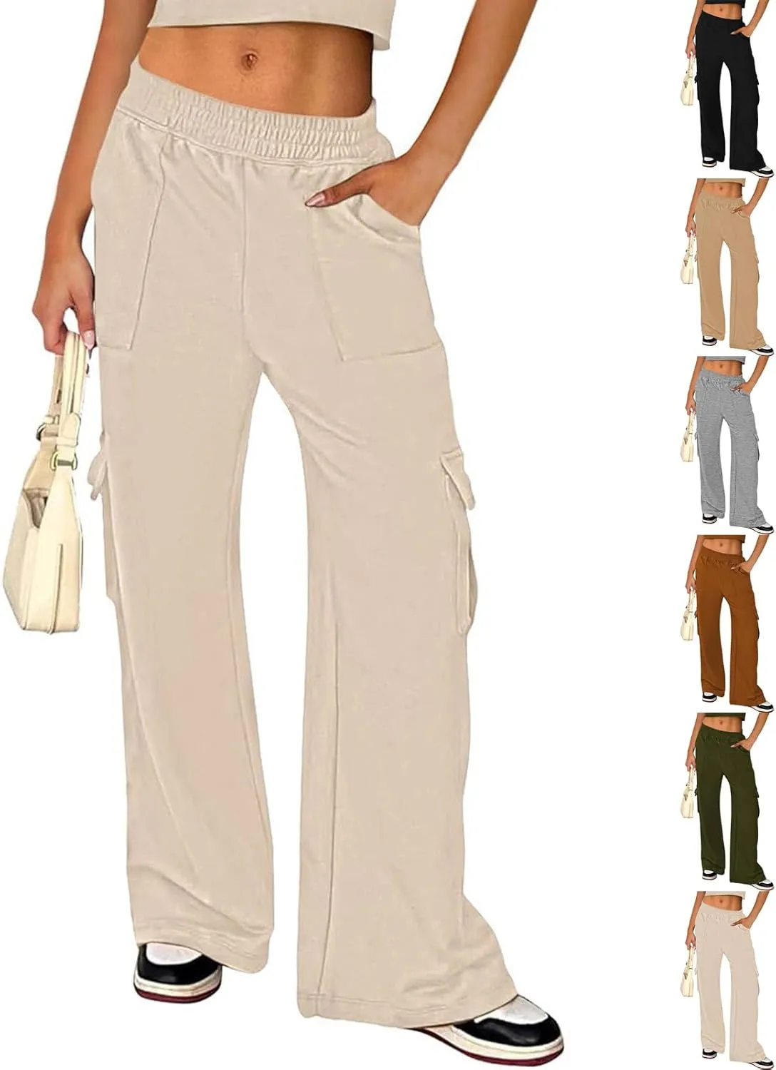 Cargo Sweatpants for Women Wide Leg High Waisted Baggy Drawstring Sweat Pants Casual Flared Pants with Pockets