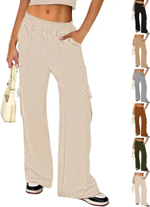 Cargo Sweatpants for Women Wide Leg High Waisted Baggy Drawstring Sweat Pants Casual Flared Pants with Pockets