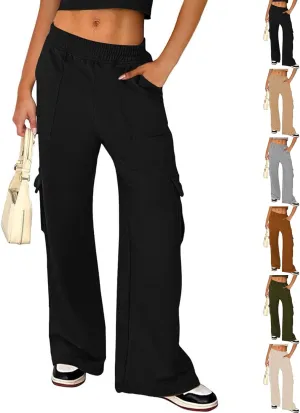 Cargo Sweatpants for Women Wide Leg High Waisted Baggy Drawstring Sweat Pants Casual Flared Pants with Pockets