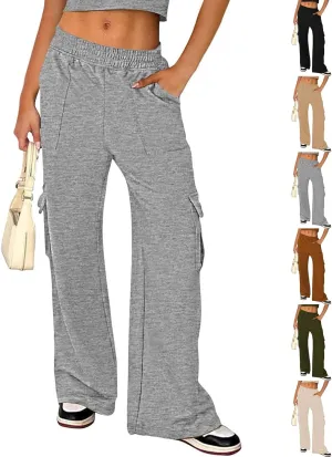 Cargo Sweatpants for Women Wide Leg High Waisted Baggy Drawstring Sweat Pants Casual Flared Pants with Pockets