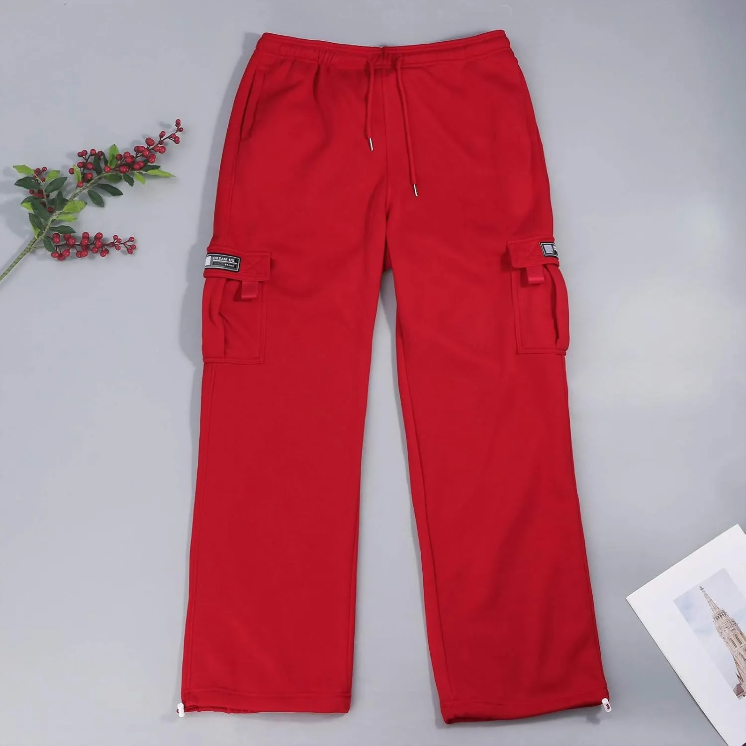 Casual Cargo Sweatpants for Men Plus Size Drawstring Waist Open Bottom Sweatpants Baggy Lounge Pants with Pockets